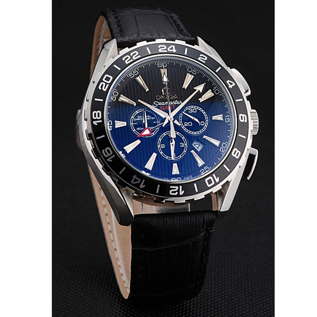 1014 Omega Seamaster Aqua Terra Chrono GMT Black Dial Black Leather Bracelet 622535